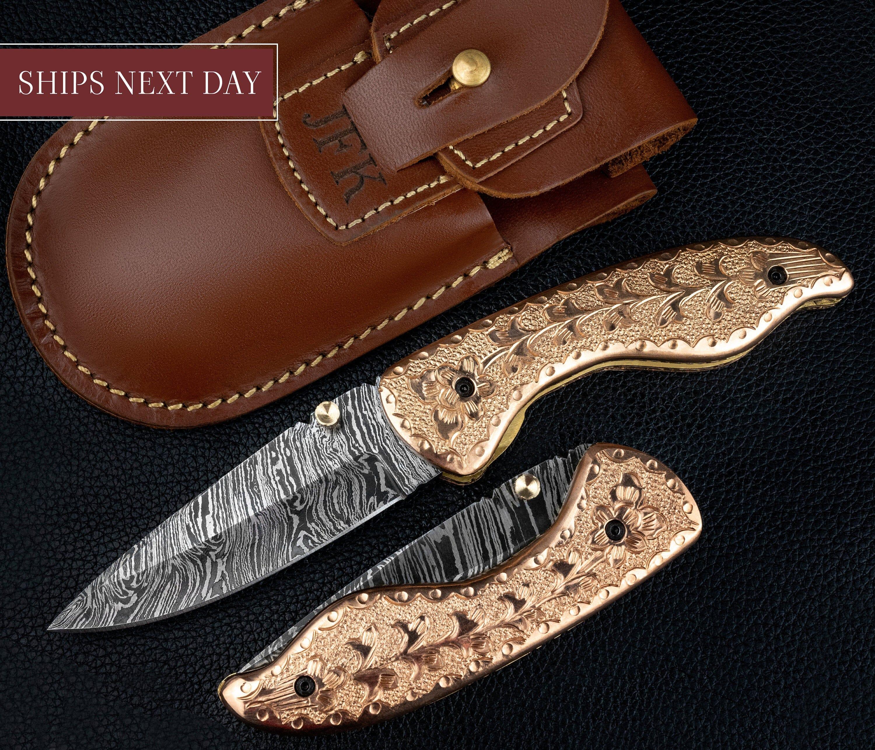 Bmk-50 Blue Bone Copper Engraved Handmade Damascus Steel Hunting Knife