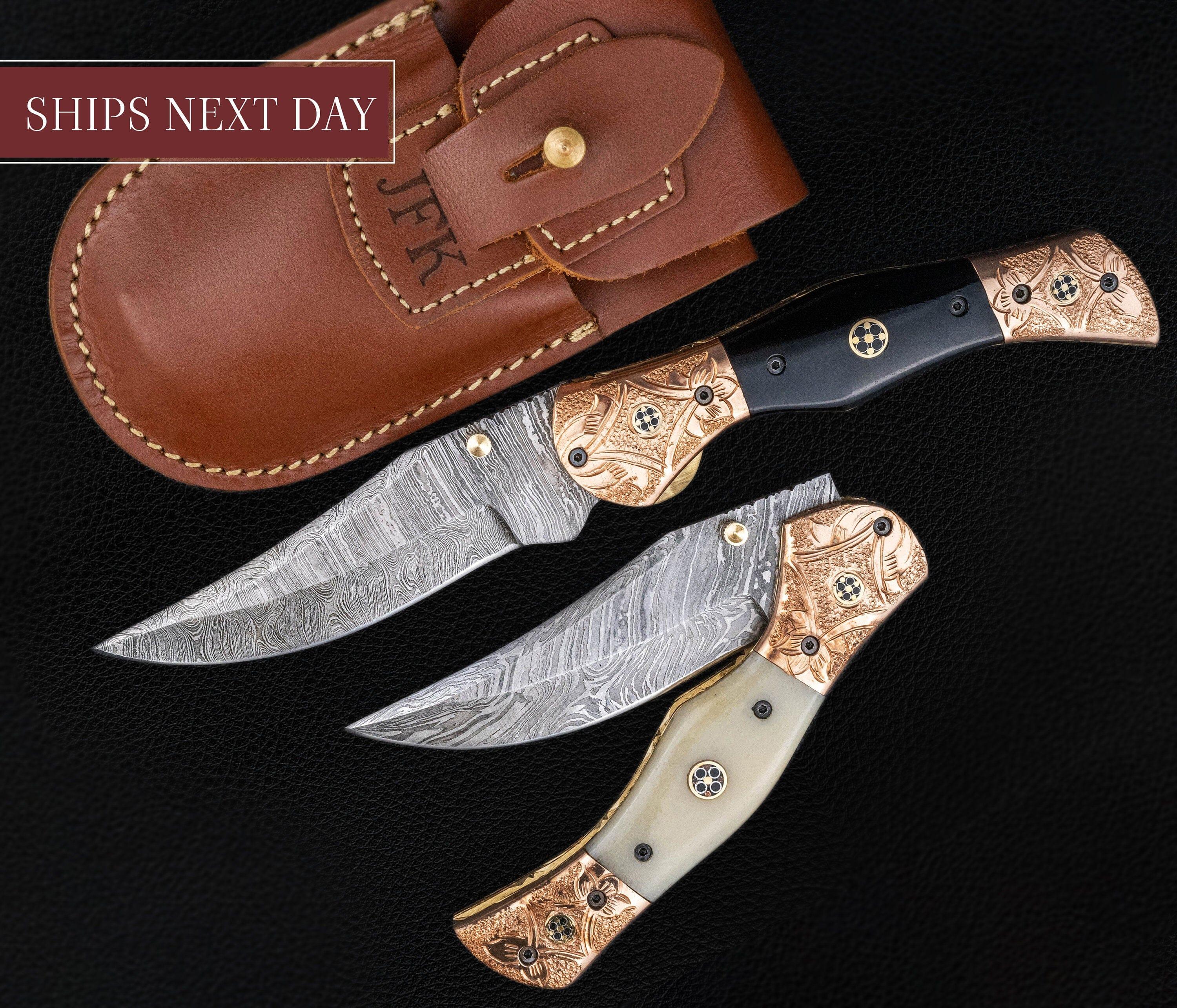 Bmk-50 Blue Bone Copper Engraved Handmade Damascus Steel Hunting Knife