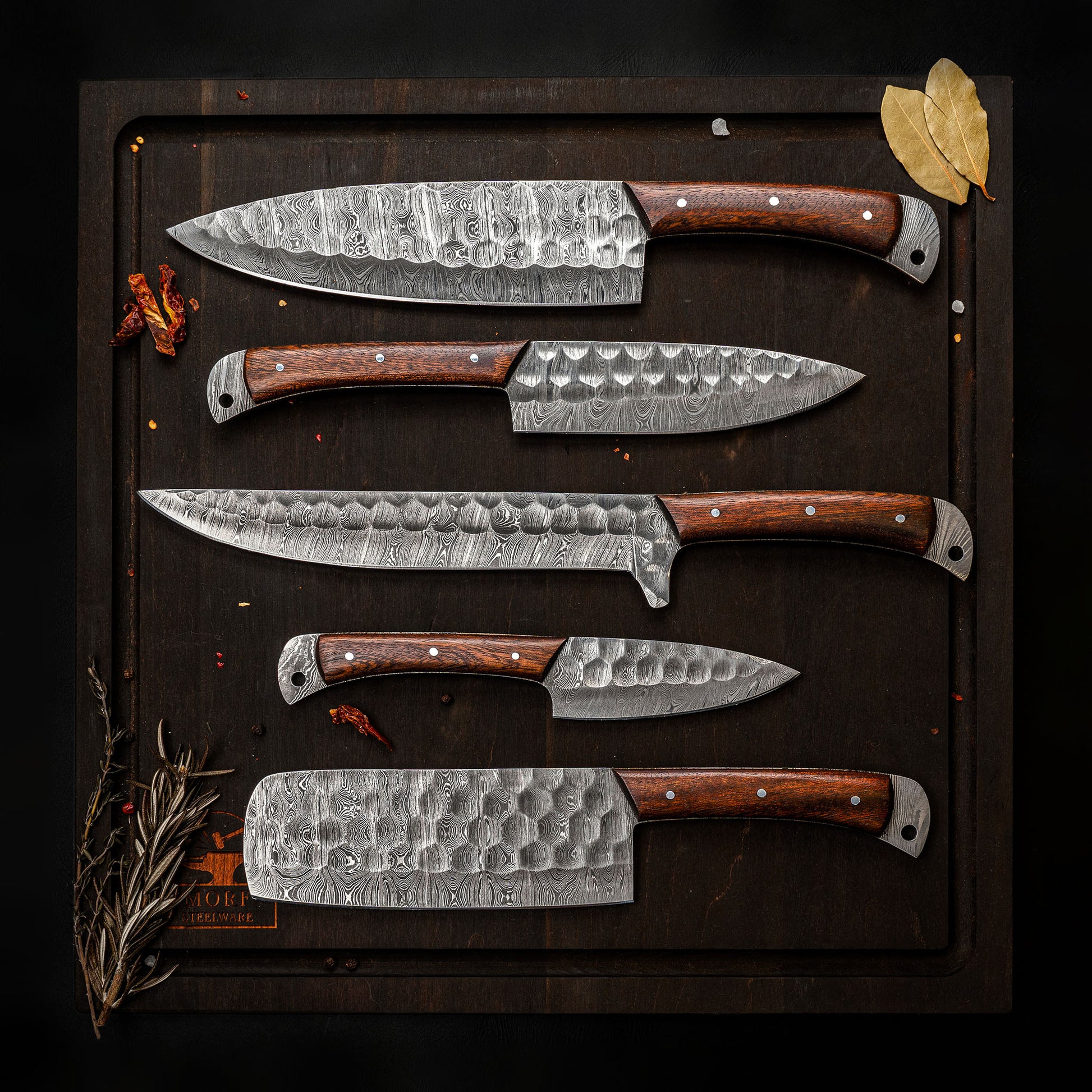 5Pcs Hand Forged Damascus Steel Chef Set, Damascus Knife Set
