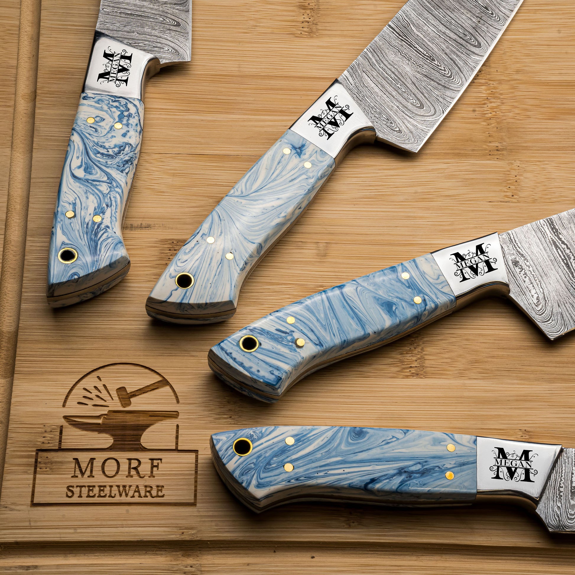 Custom made forged Damascus steel chef BBQ knives set