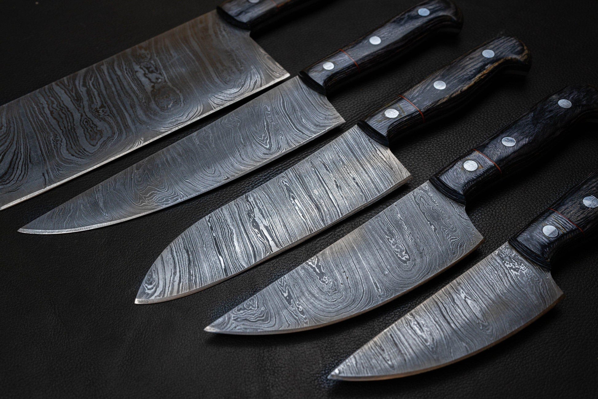  5 Pieces Damascus steel Hammered kitchen knife set, 2 tone  Yellow wood scale, 54 inches long sharp knives, Custom made hand forged  Hammered Damascus steel blade, Goat suede Roll Leather sheath